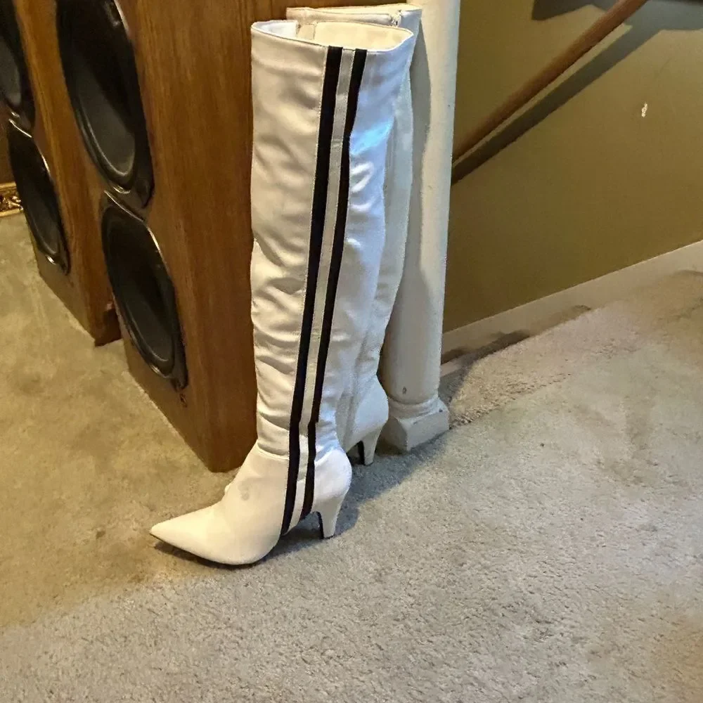 Wild Diva White Thigh-High Boots with Black Stripe
